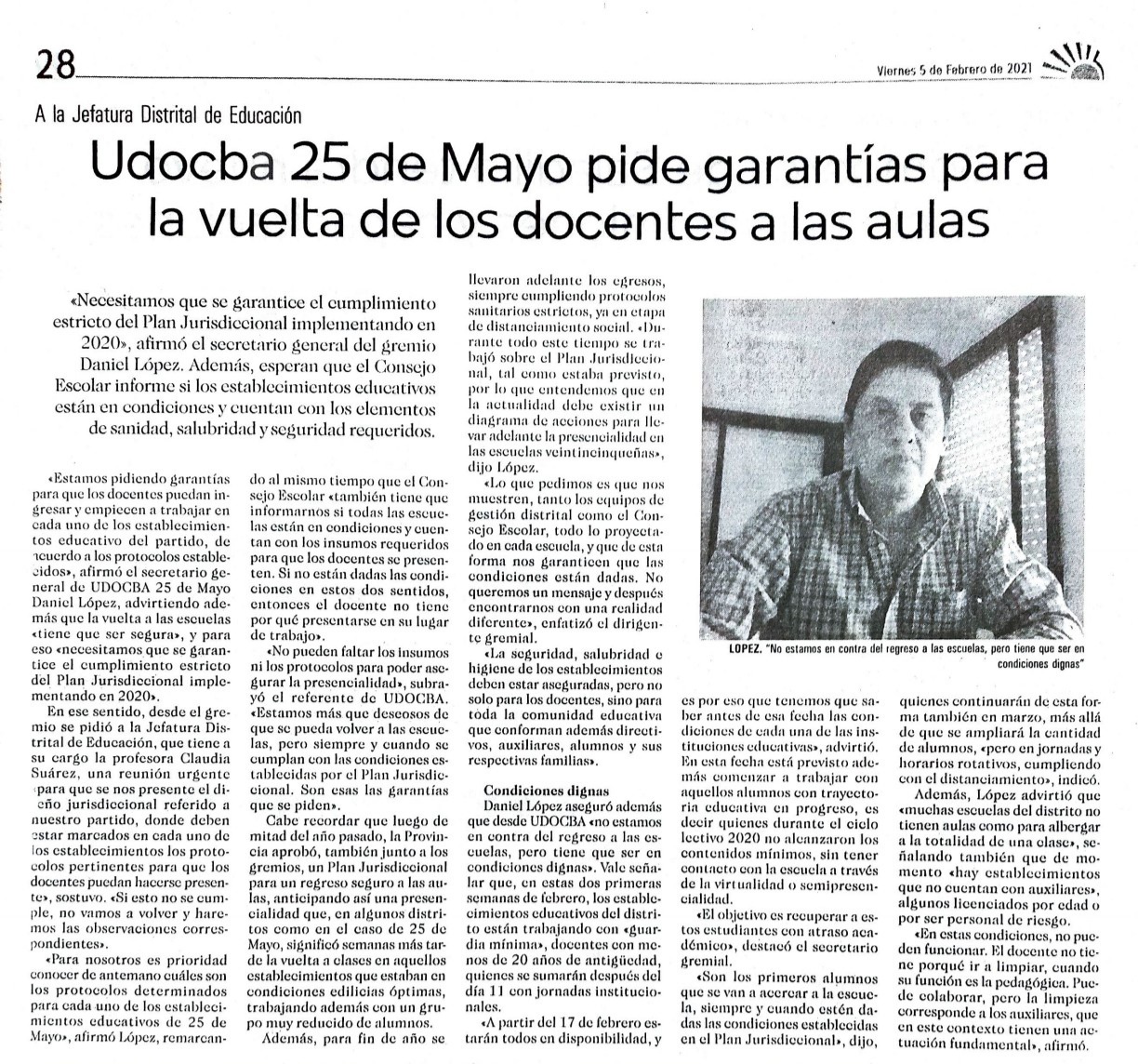 UDOCBA - UDOCBA 25 de Mayo pide garantías para la vuelta de los docentes a las aulas